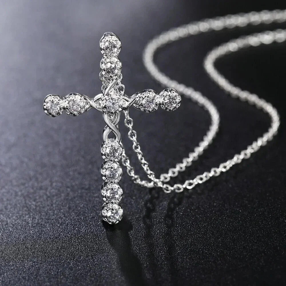 NEW S925 Sterling Silver Diamond Cross Necklace